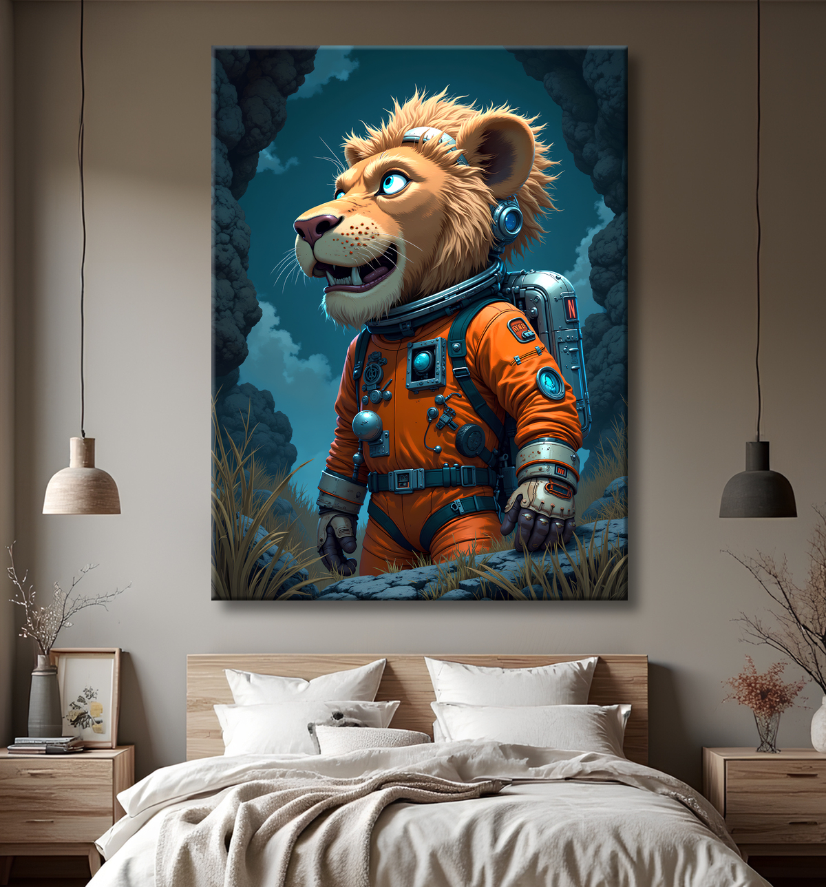 Tableau lion astronaute en exclusivité sur Decotab, inspiré de l'univers de Sylvain Binet. Une œuvre forte et inattendue pour une déco cosmique unique.