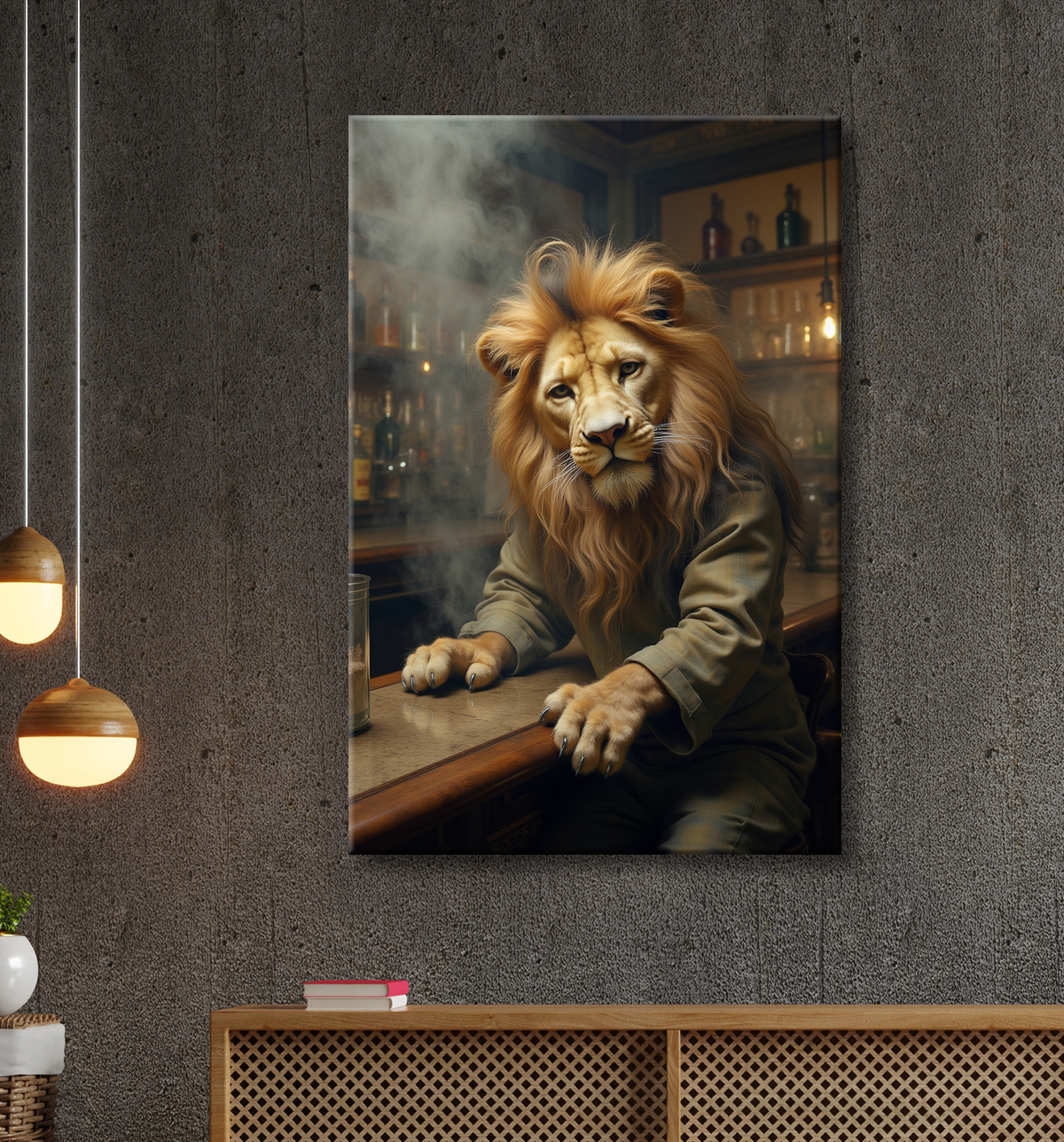 Tableau lion serveur vintage - Animal anthropomorphe chic dans un bar rétro avec decor