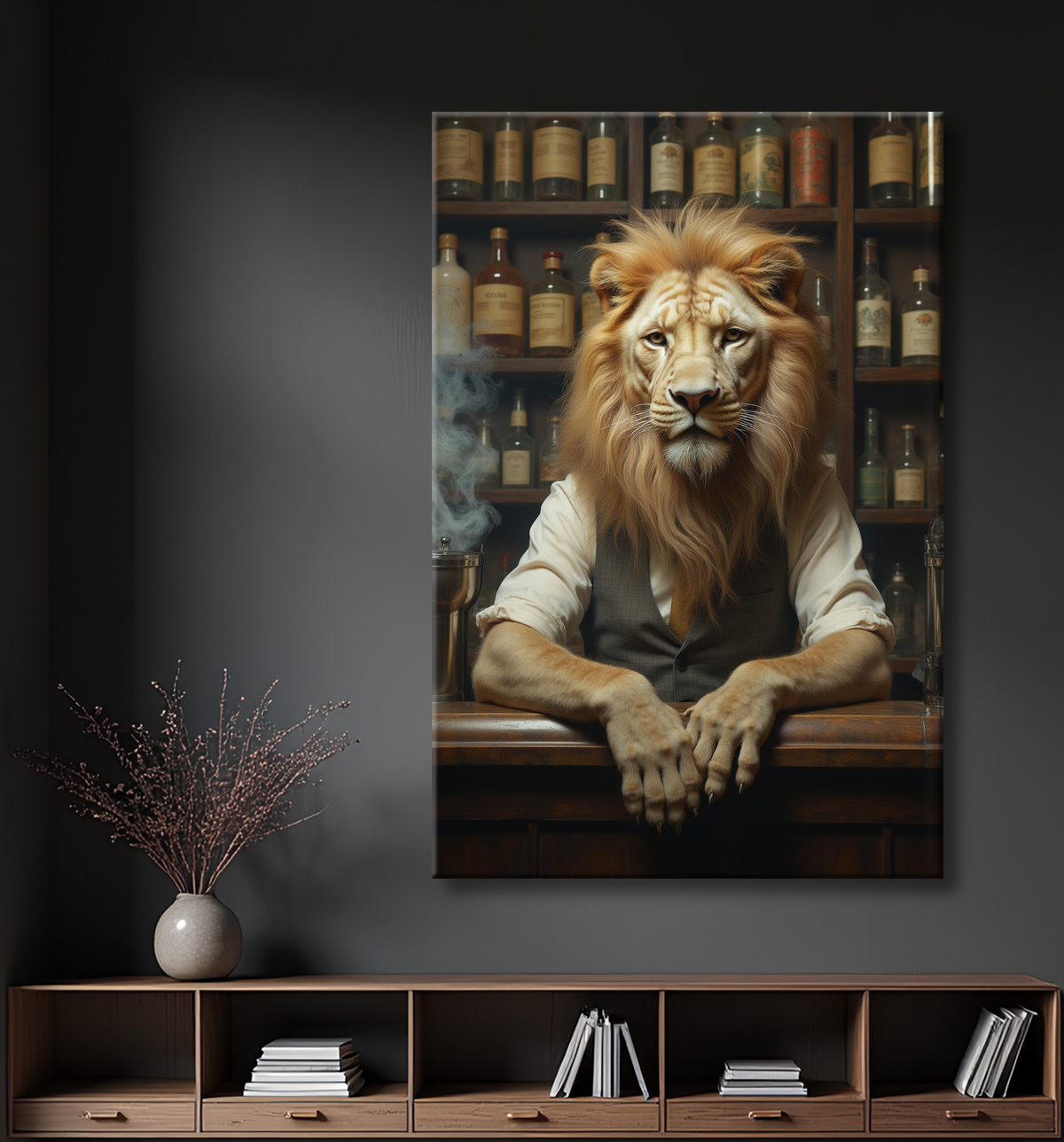 Tableau lion serveur vintage - Animal anthropomorphe chic dans un bar rétro avec decor