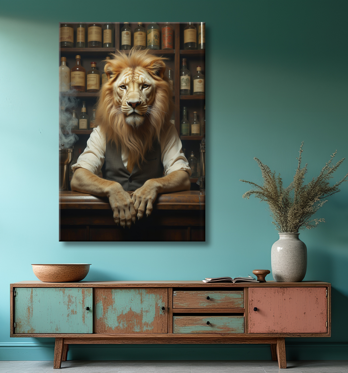 Tableau lion serveur vintage - Animal anthropomorphe chic dans un bar rétro avec decor