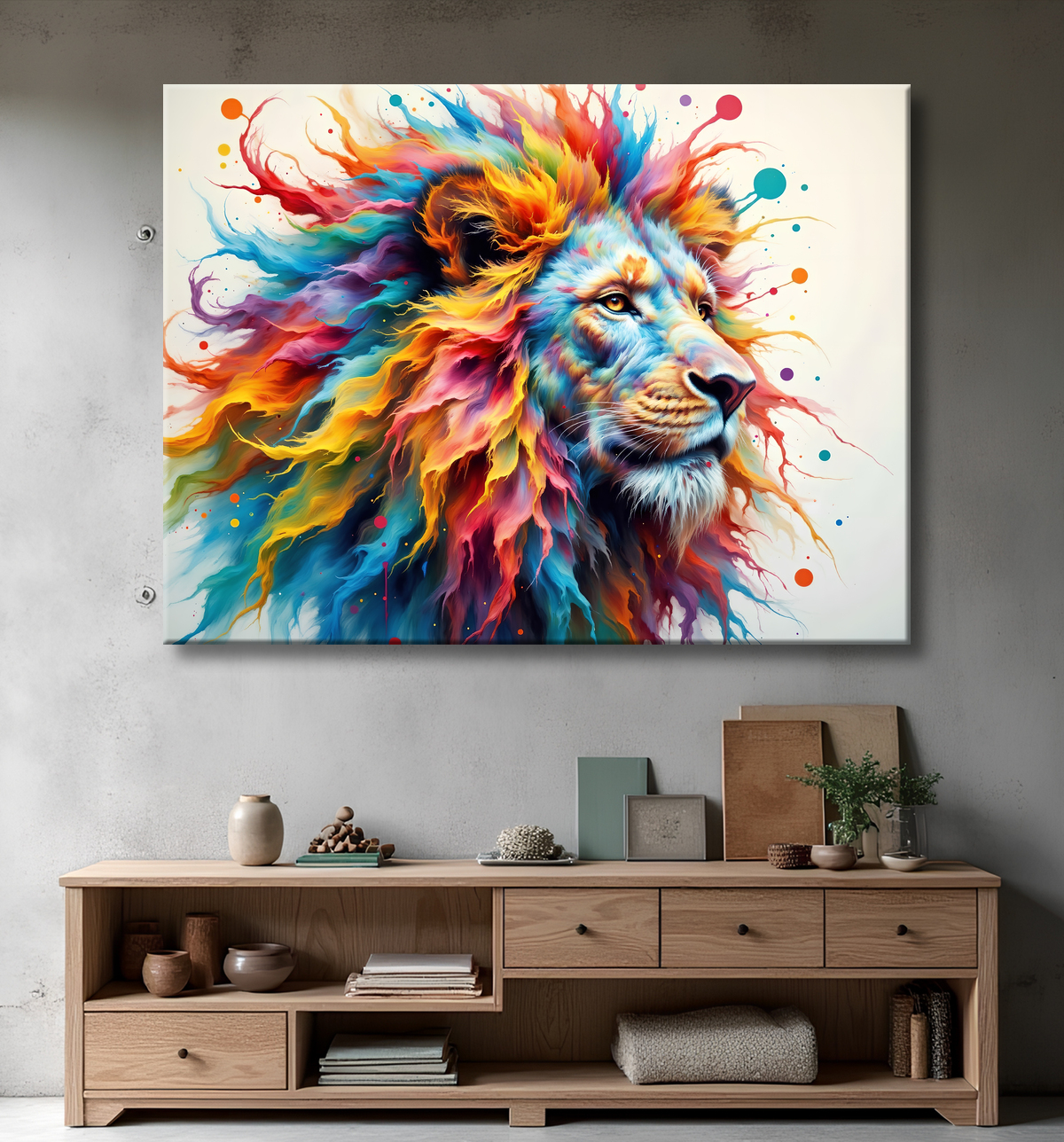 ableau lion aux couleurs évanescentes et nébuleuses. Une crinière multicolore vaporeuse dans un style cosmique, sur fond clair ou galactique. Création exclusive DECOTAB.