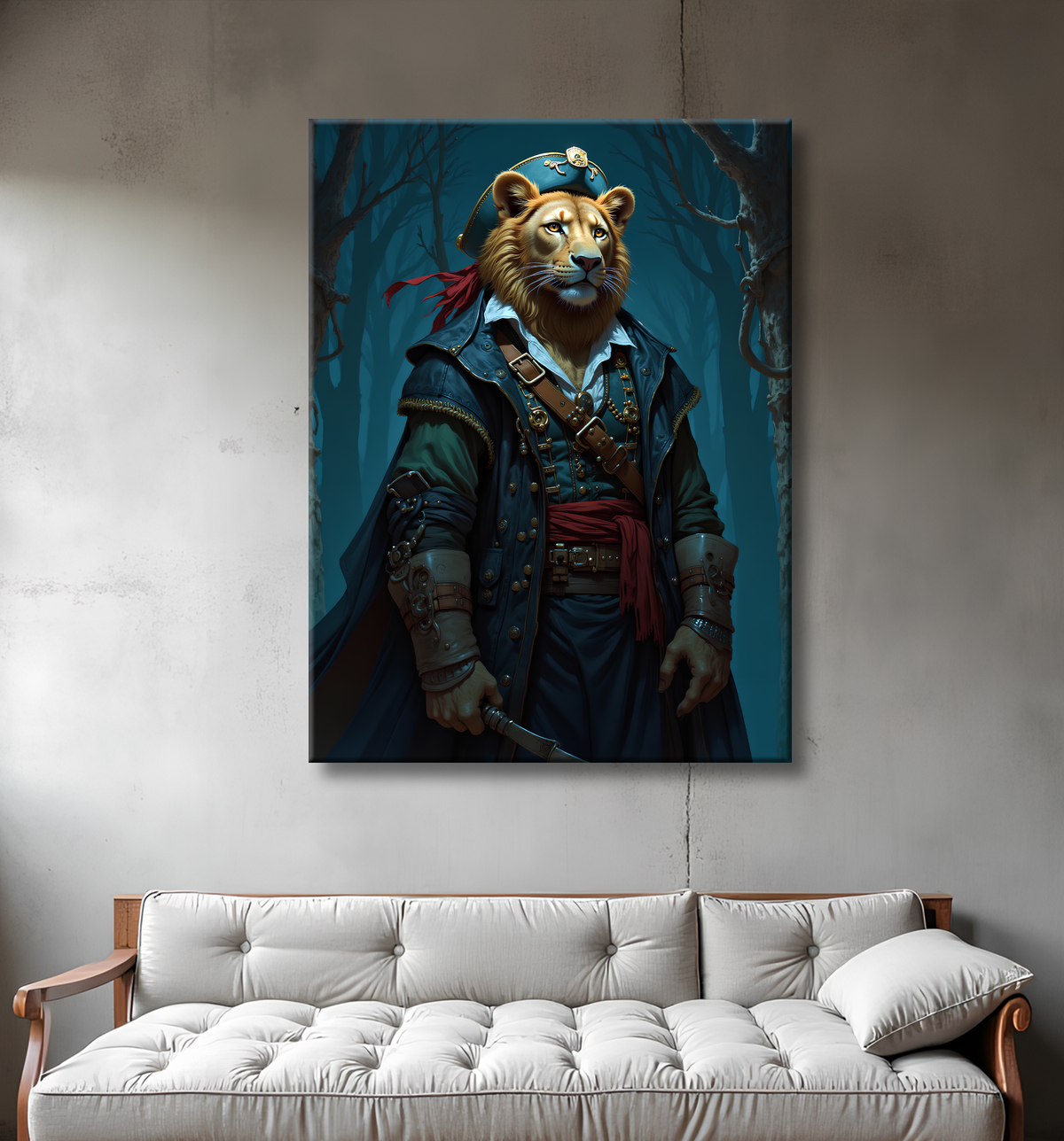 Tableau lion pirate - Portrait d'animal en costume marin stylisé avec decor