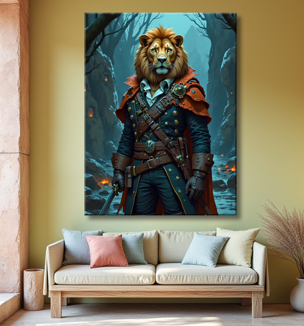 Tableau lion pirate - Portrait d'animal en costume marin stylisé avec decor