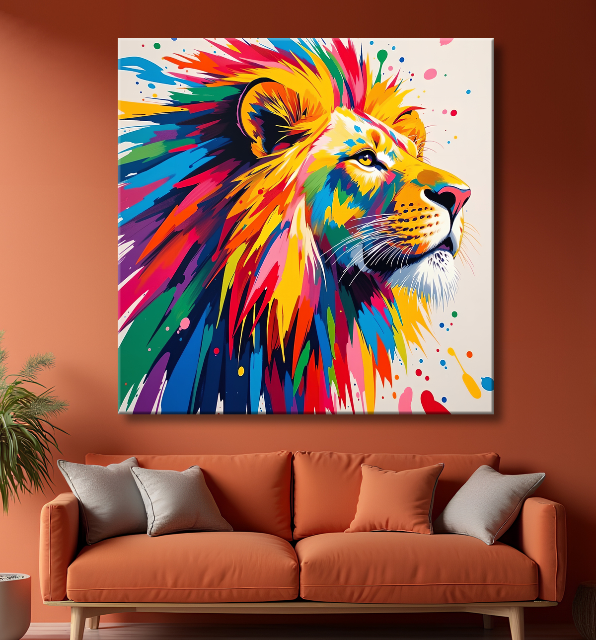 Savoir-faire français pour ce lion pop art de profil : la crinière file vers la gauche en éclats de couleur, le museau pointe vers un fond crème.