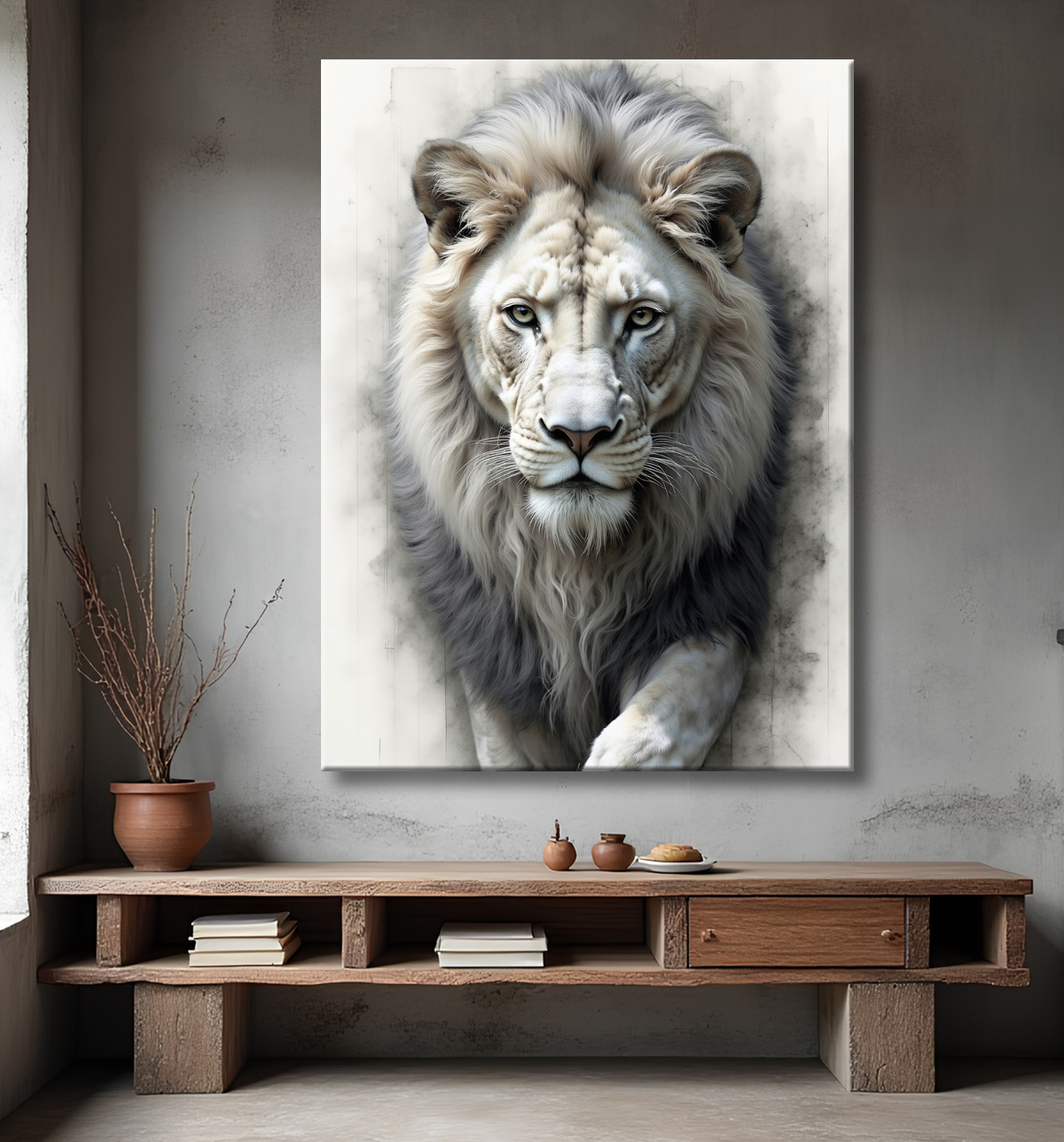 Portrait de lion photographié sur fond blanc ou clair. Une œuvre sobre et élégante pour sublimer votre intérieur ou un espace professionnel. Disponible sur plusieurs supports. Création exclusive DECOTAB.