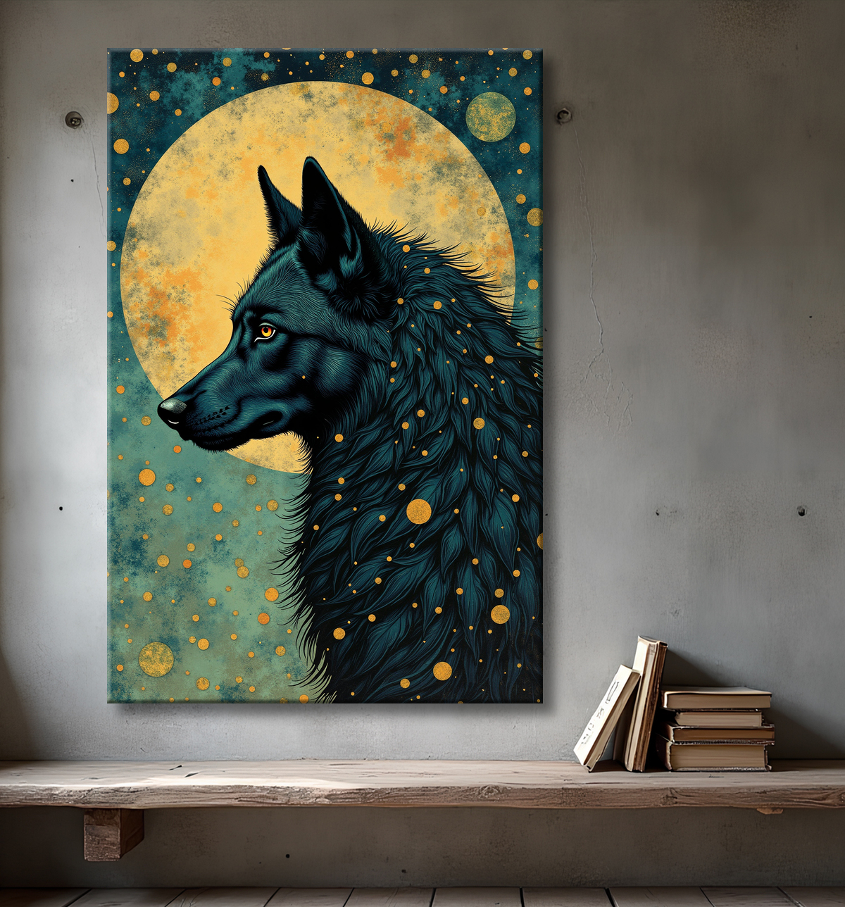 Tête et encolure d'un loup gravées ligne à ligne sur un fond marbré, devant un immense disque crème. Illustration DECOTAB de fabrication française.