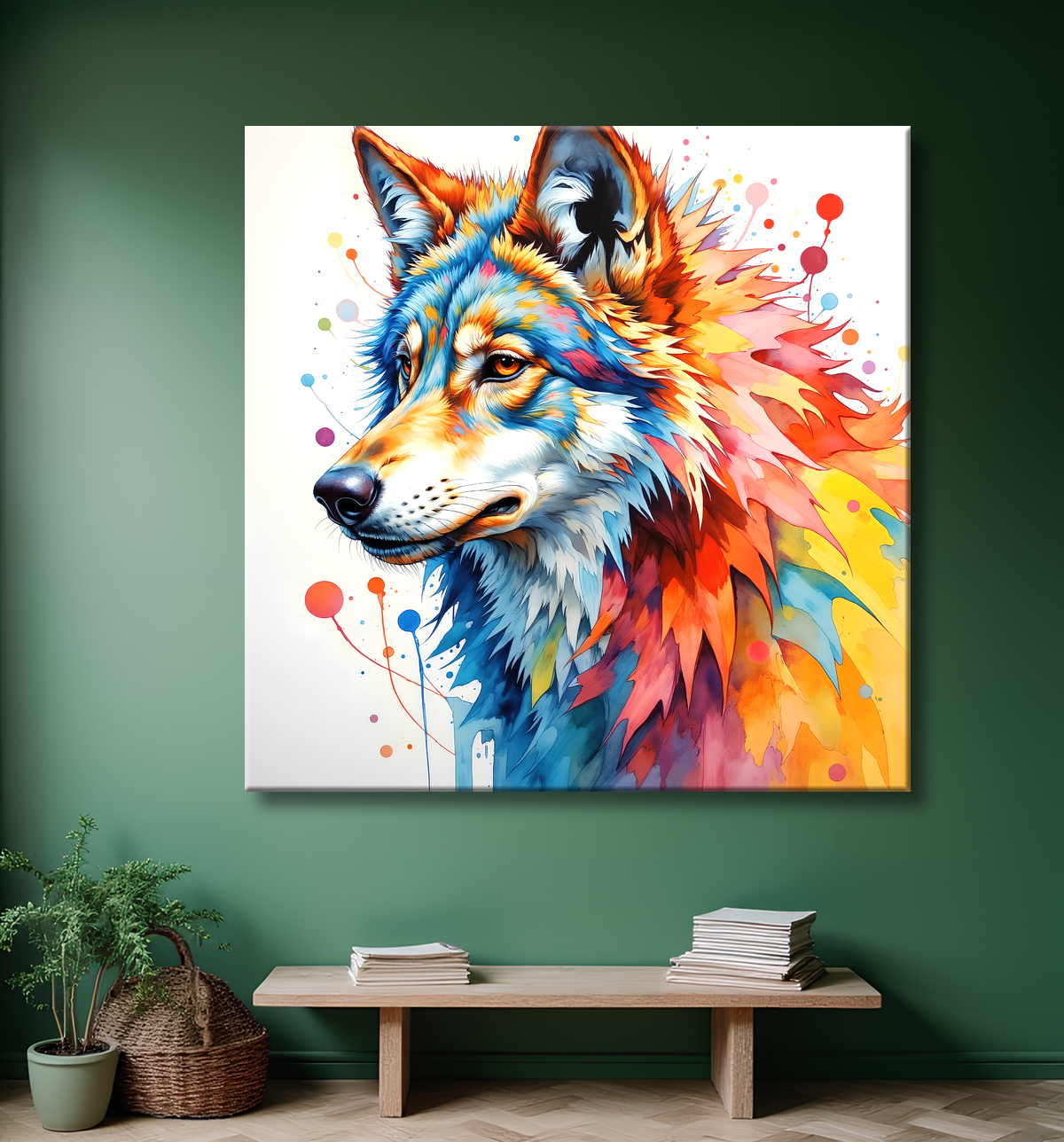 Tableau contemporain de loup pop art sur fond blanc lumineux, éclaboussures d'encres raffinées et crinière légère. Fabrication française artisanale sur-mesure.