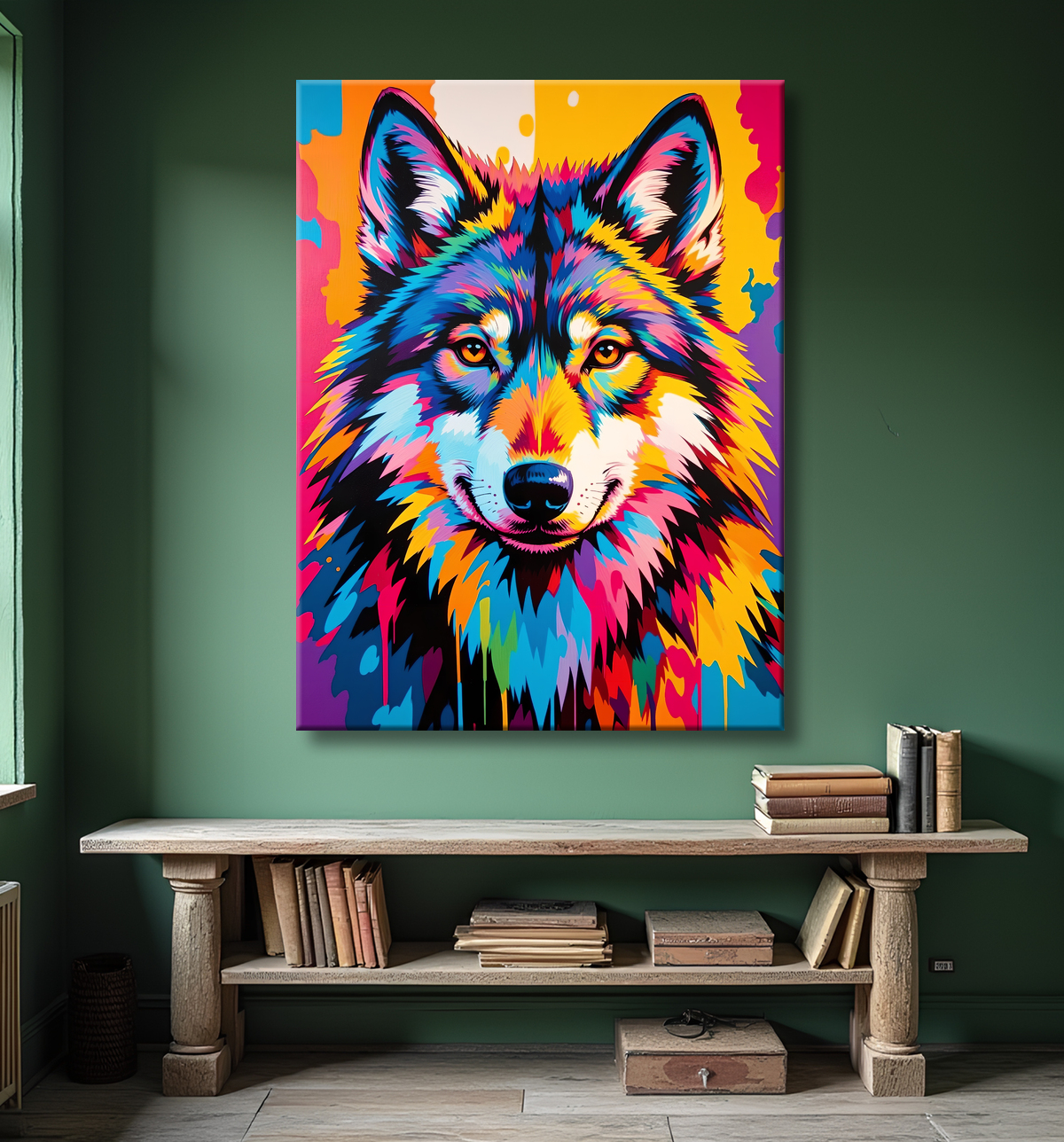 Tableau moderne de loup pop art sur fond clair, éclats de couleurs vives et mouvement intense. Fabrication artisanale française et qualité premium.