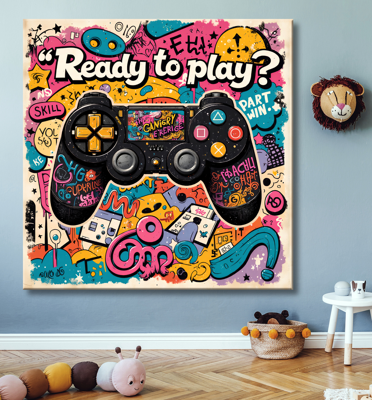 Découvrez un tableau original sur le thème du gaming : une manette de jeux vidéo stylisée en street art, aux couleurs explosives et au look graffiti. Plusieurs modèles disponibles.