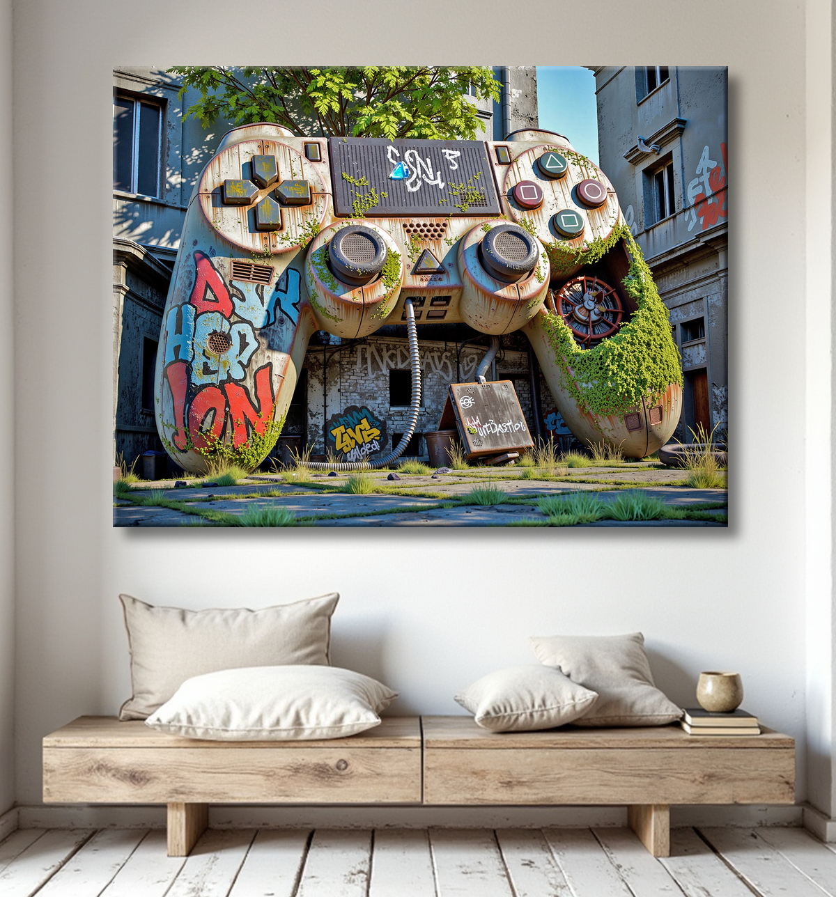 Découvrez notre tableau original représentant une manette géante abandonnée au milieu d'immeubles, mêlant art gaming, street art et atmosphère post-apocalyptique. Fabrication française sur-mesure.