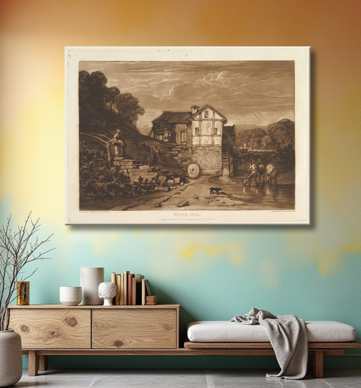 Reproduction Moulin à eau (Le livre d'études, partie 8, planche 37) de Joseph Mallord William Turner avec decor