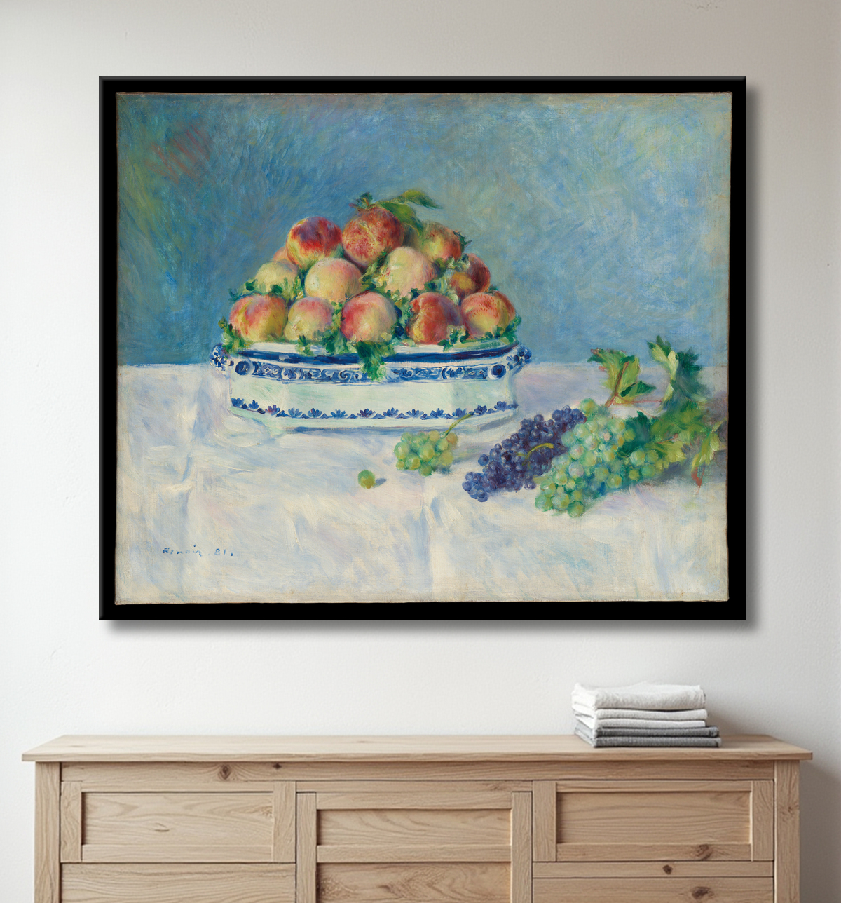Impression sur toile ou affiche encadrée d'art made in France. Nature morte aux pêches et raisins...