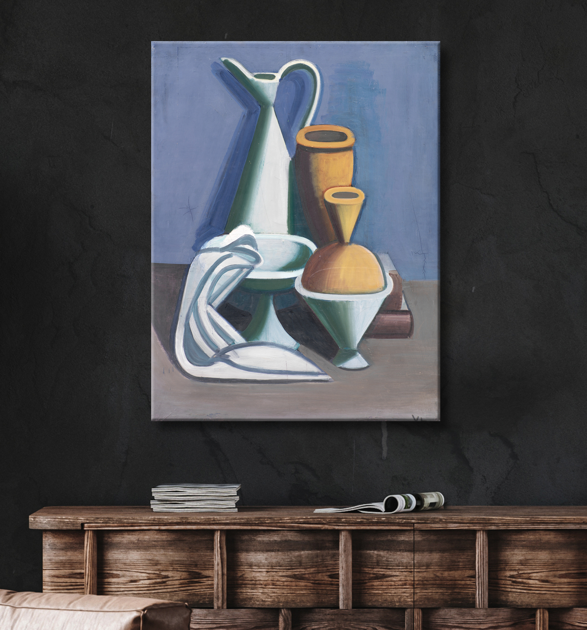 Reproduction Nature morte avec cruche d'eau, serviette et bocaux de Lundstrøm, Vilhelm avec decor