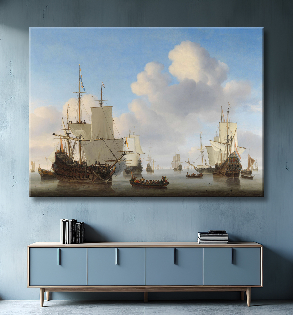 Affiche encadrée haut de gamme fabriquée en France ou toile d’art. Navires hollandais dans une mer calme. Six navires de guerre reposent sur une mer large et calme...