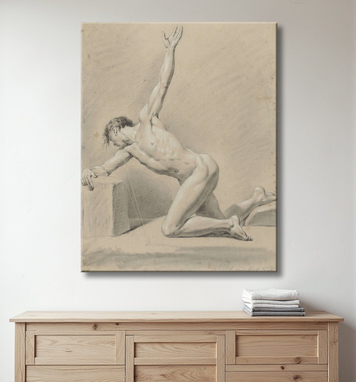 Poster fine art made in France premium ou toile imprimée. Nu masculin, agenouillé sur le genou gauche, tourné vers la gauche...