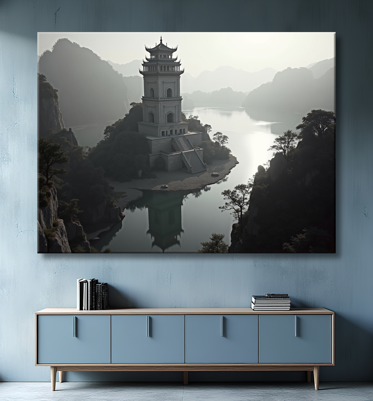 Paysage noir et blanc où une tour de pierre claire échappe à l'effacement du premier plan et du fond. Toile d'art de fabrication française.