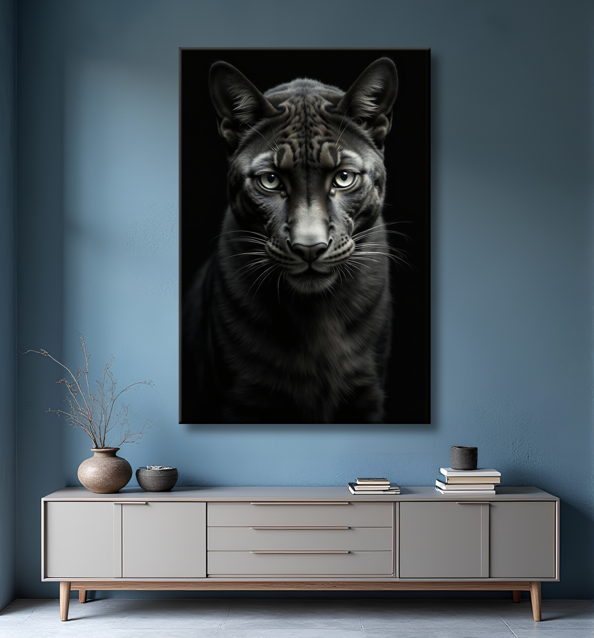 Tableau panthère noire - Portrait artistique sur fond noir avec decor