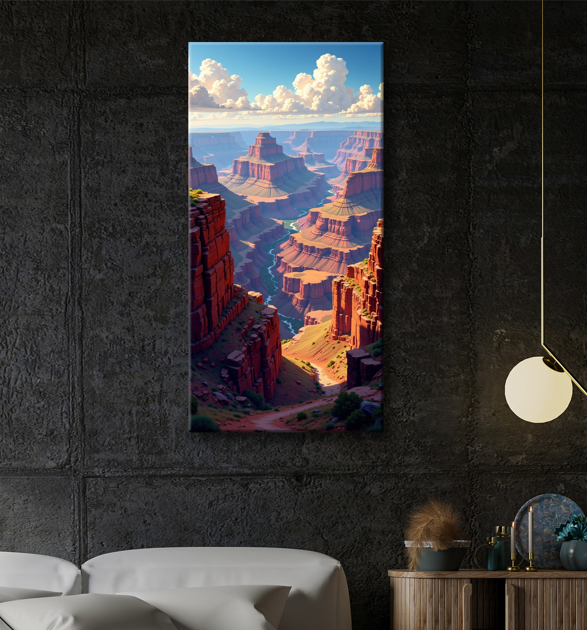 Tableau de paysage représentant une vue large et impressionnante sur le Grand Canyon. Une œuvre immersive aux reliefs majestueux et aux nuances minérales.
