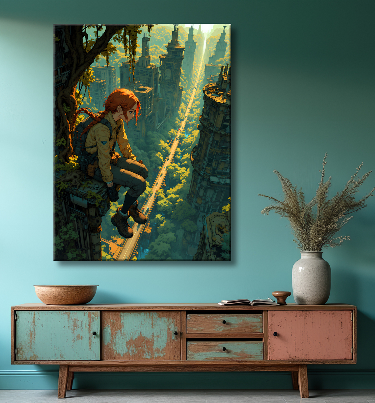 Tableau illustratif inspiré du manga post-apocalyptique, représentant une jeune fille rousse assise au sommet d'un bâtiment, surplombant une ville futuriste envahie de végétation.