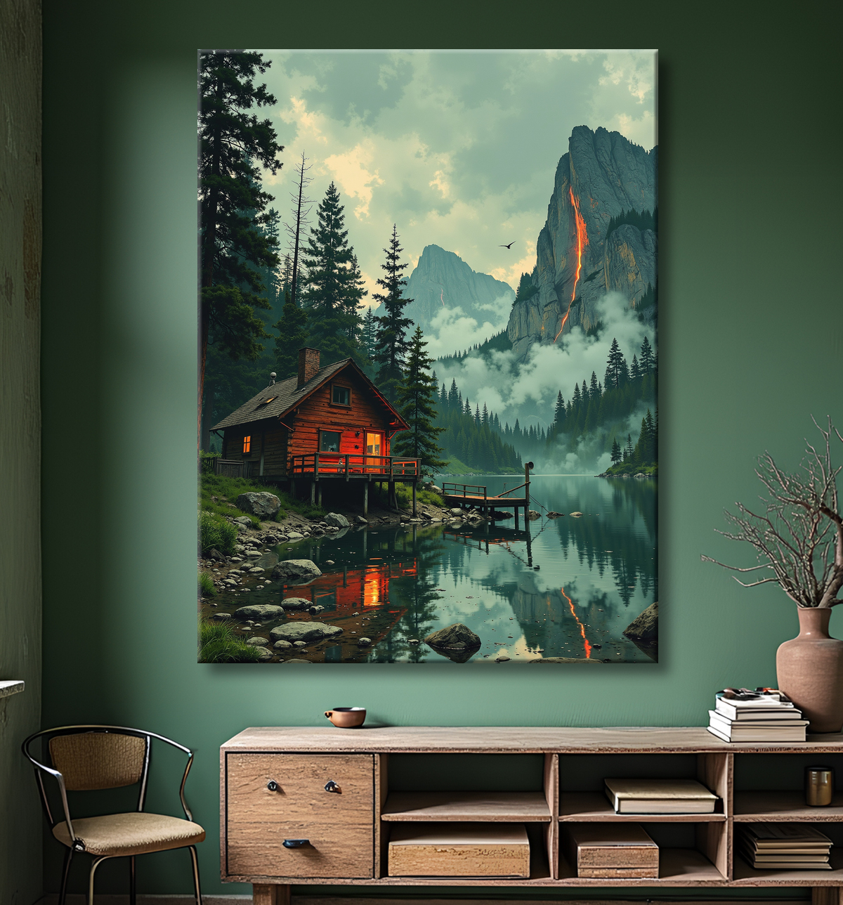 Tableau représentant un paysage scandinave de montagne en Suède, avec un lac paisible bordé par une maison en bois rouge typique. Une scène nordique majestueuse et apaisante.