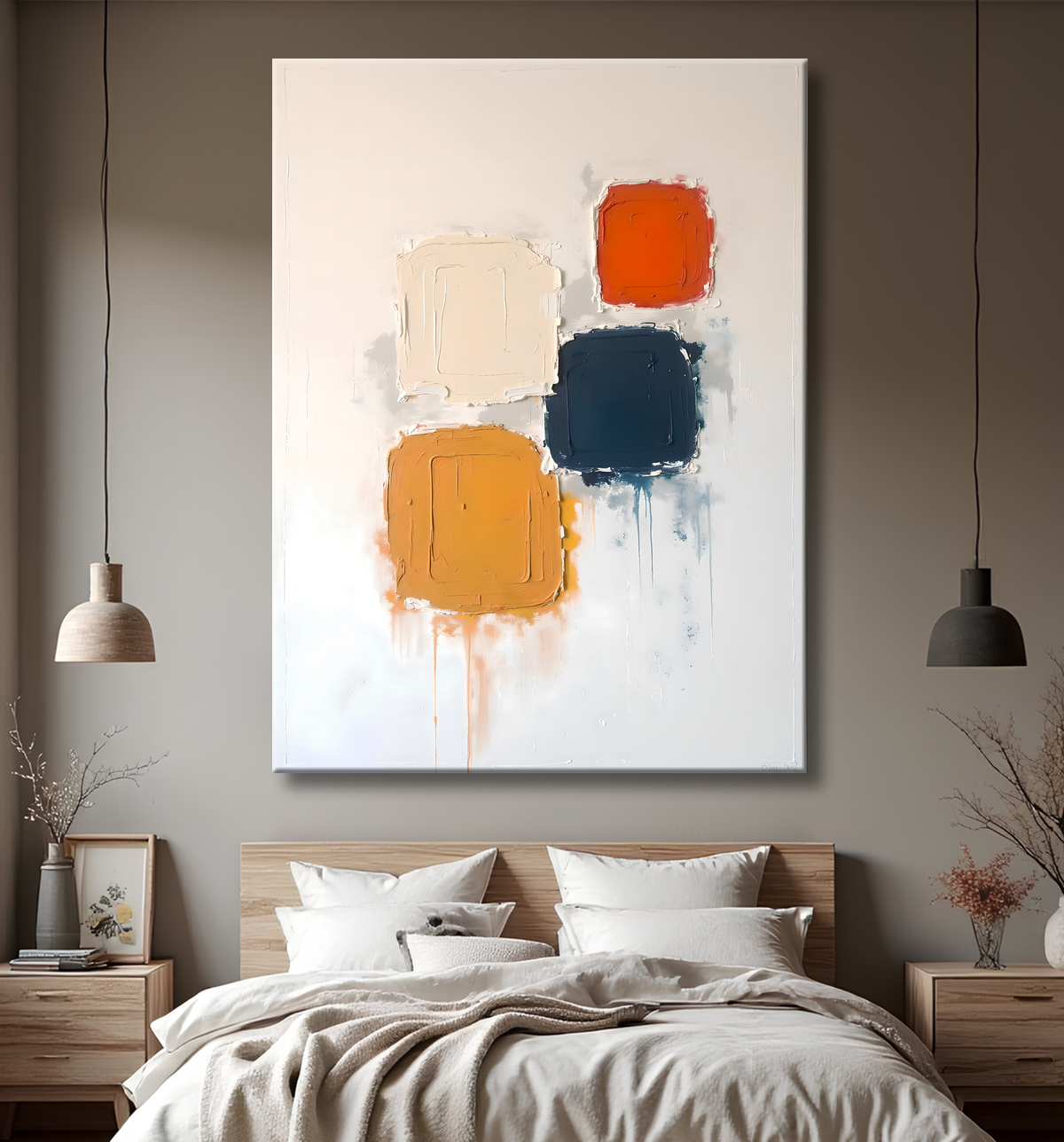 Tableau abstrait géométrique minimaliste aux teintes claires (orangé, rosé, bleu, blanc) avec éléments graphiques au trait noir. Composition structurée et moderne pour une décoration élégante.