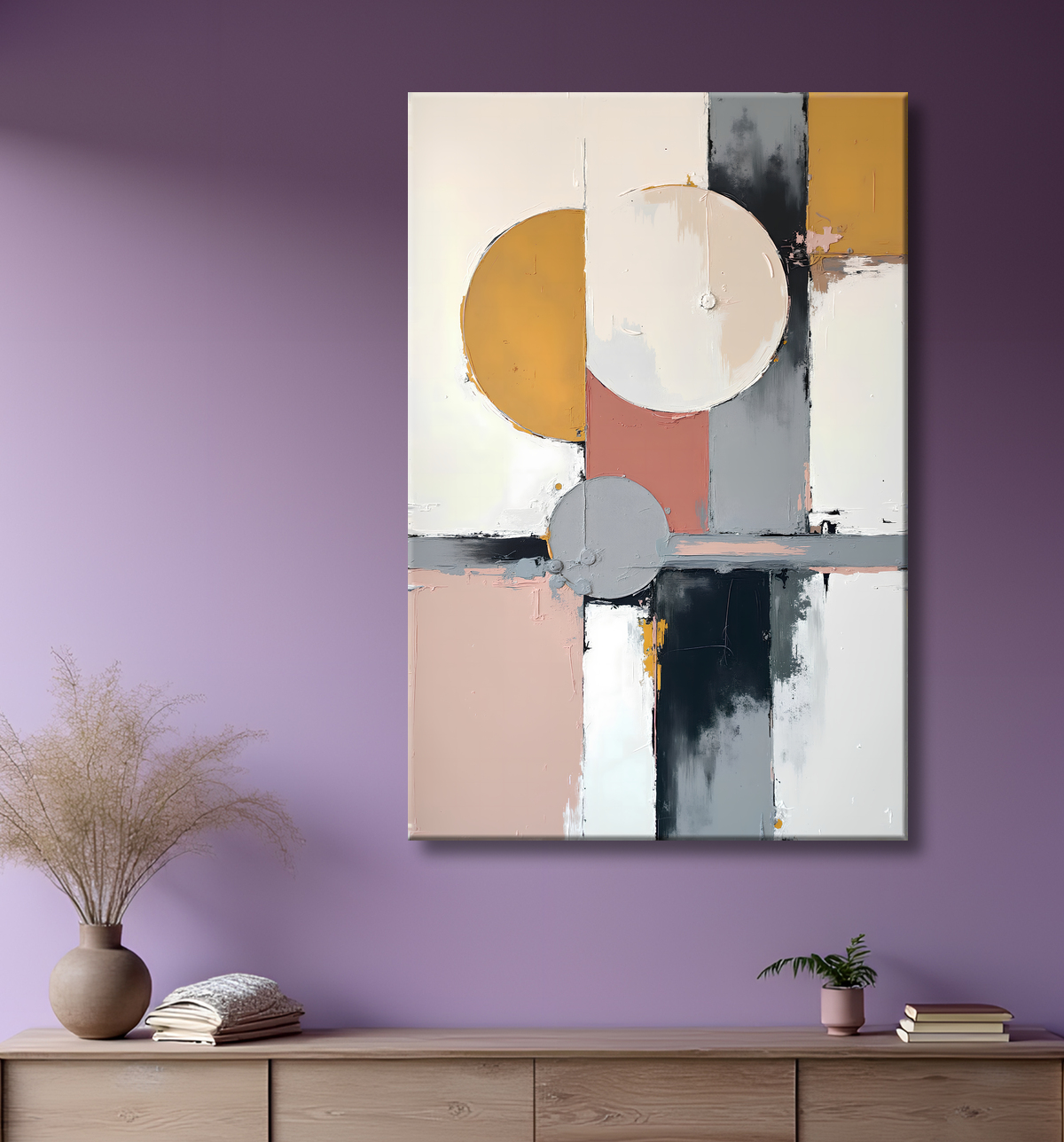 Tableau abstrait géométrique minimaliste aux teintes claires avec decor