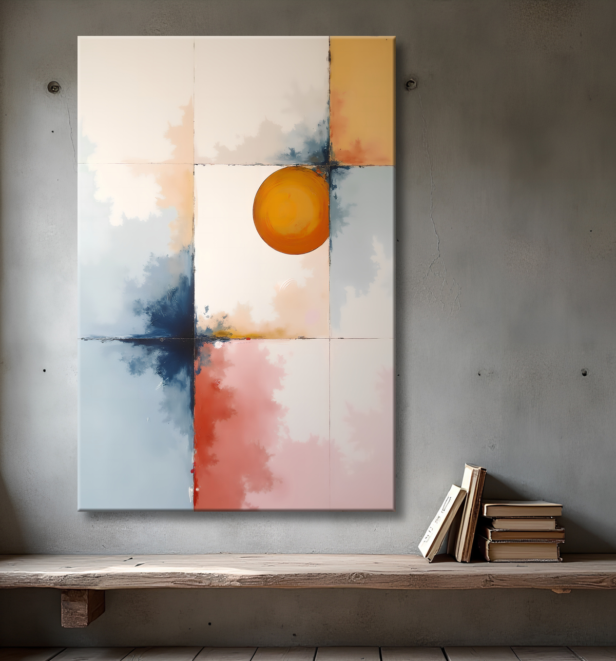 Tableau abstrait géométrique minimaliste aux teintes claires (orangé, rosé, bleu, blanc) avec éléments graphiques au trait noir. Composition structurée et moderne pour une décoration élégante.