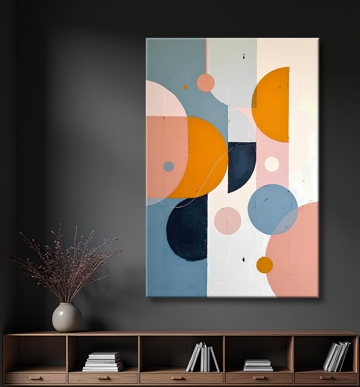 Tableau abstrait géométrique minimaliste aux teintes claires (orangé, rosé, bleu, blanc) avec éléments graphiques au trait noir. Composition structurée et moderne pour une décoration élégante.