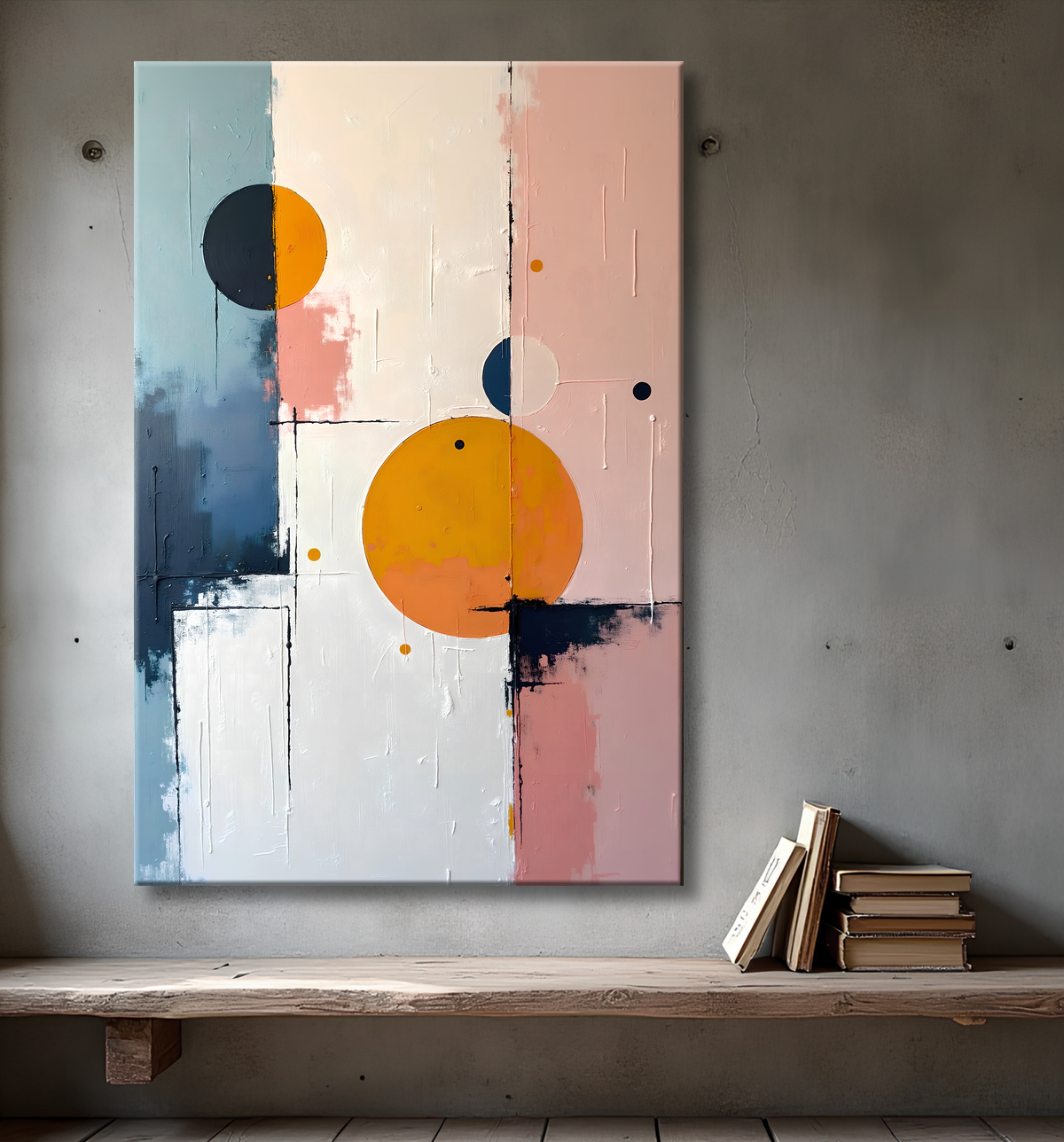Tableau abstrait géométrique minimaliste aux teintes claires (orangé, rosé, bleu, blanc) avec éléments graphiques au trait noir. Composition structurée et moderne pour une décoration élégante.