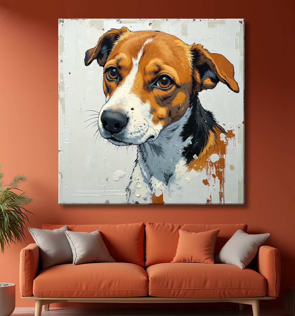 Portrait de chien parcouru de longues coulures orange rouille et d'empâtements blancs sous le menton. Création originale DECOTAB, de fabrication française.