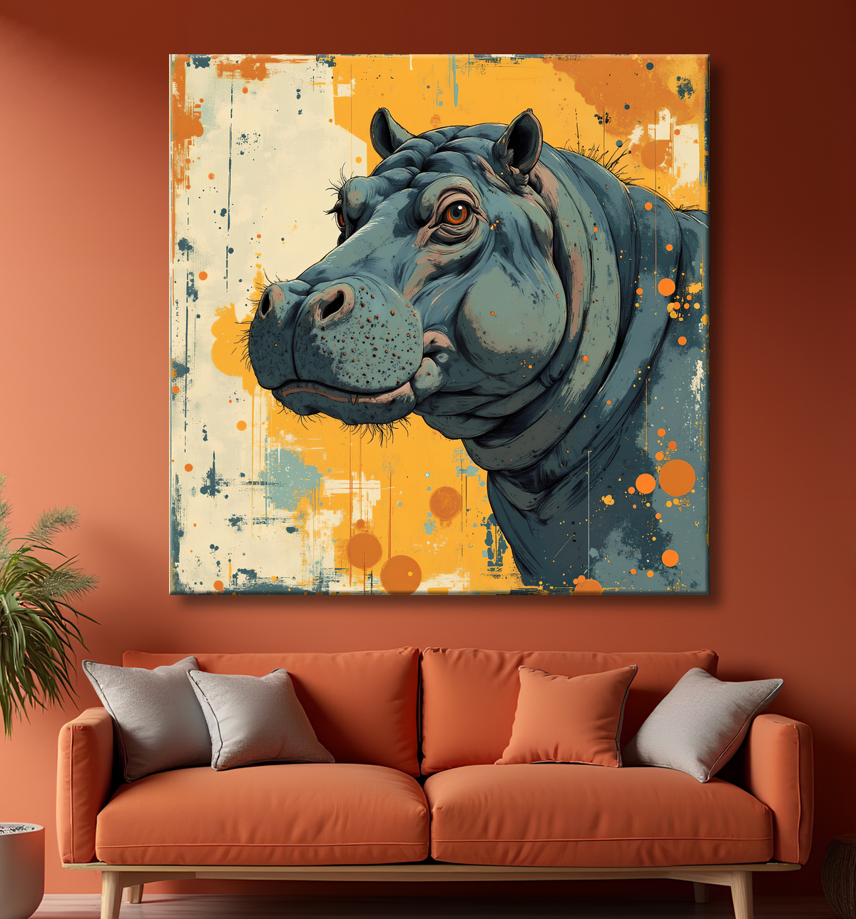 Tableau hippopotame moderne et expressif imprimé en France par Decotab.fr. Une œuvre originale pour une décoration intérieure chaleureuse et authentique.