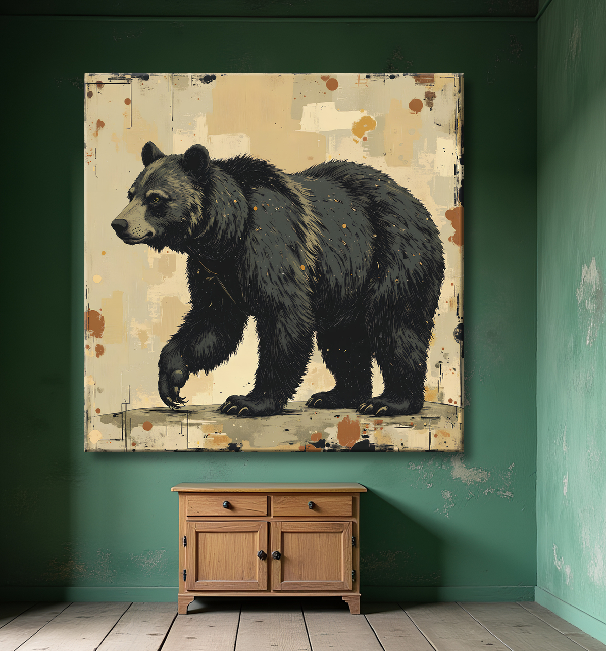 Ours en pied de profil, épaule haute et tête portée bas : un tableau ours brun au pelage noir-olive. Ouvrage français, format carré.
