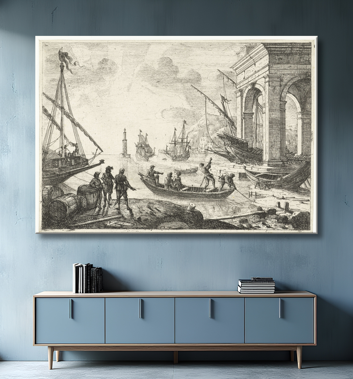 Affiche encadrée haut de gamme made in France ou toile fine art premium. Port avec phare. Port maritime avec un phare debout dans l'eau...