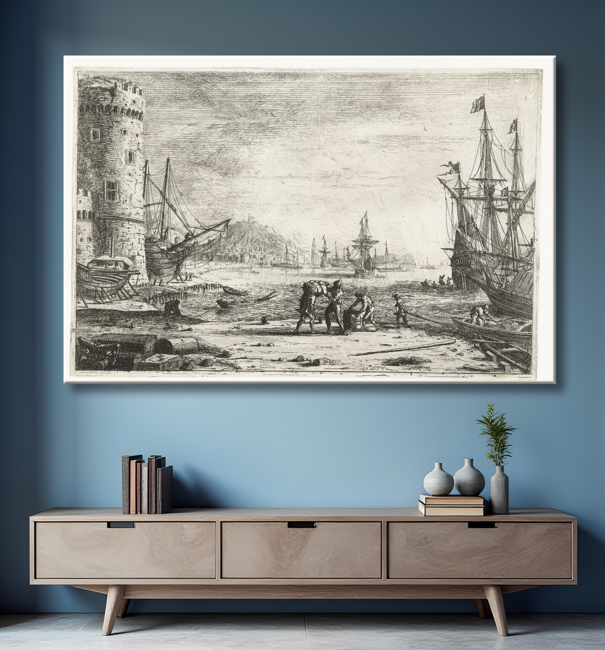 Poster fine art premium made in France ou toile imprimée. Portail avec une grande tour. Un port avec une grande tour sur la gauche et un certain nombre d'hommes au travail...