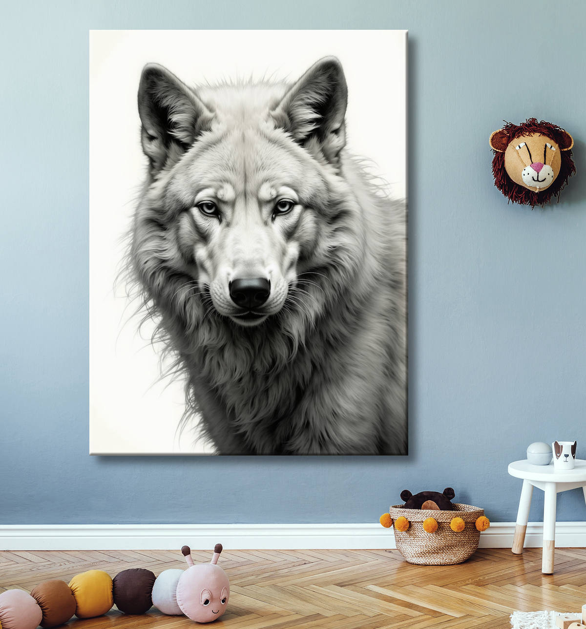Portrait de loup sur fond blanc ou gris clair. Un tableau décoratif puissant et minimaliste, décliné en plusieurs formats. Une création sur-mesure, imprimée en France.