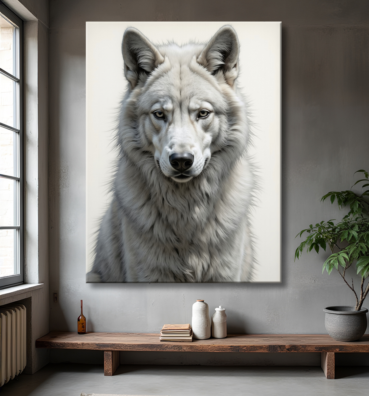 Portrait de loup sur fond blanc ou gris clair. Un tableau décoratif puissant et minimaliste, décliné en plusieurs formats. Une création sur-mesure, imprimée en France.