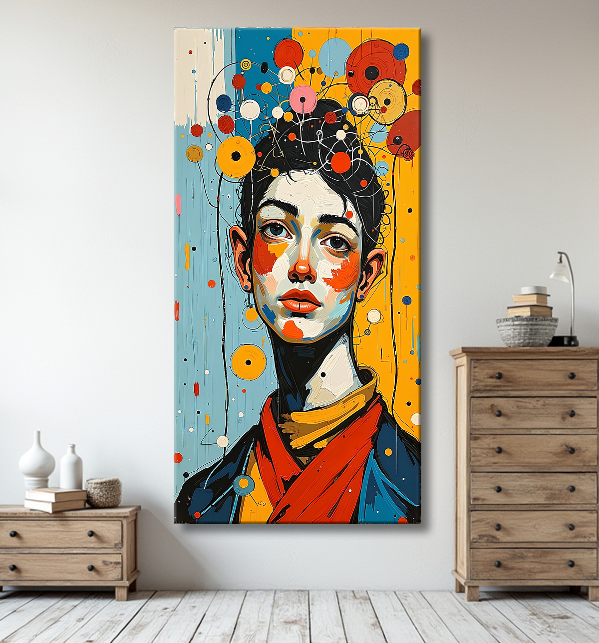 Tableau portrait stylisé très coloré, inspiré par l'art moderne et le cubisme, idéal pour une décoration originale et expressive. Fabriqué en France en tirage d'art.