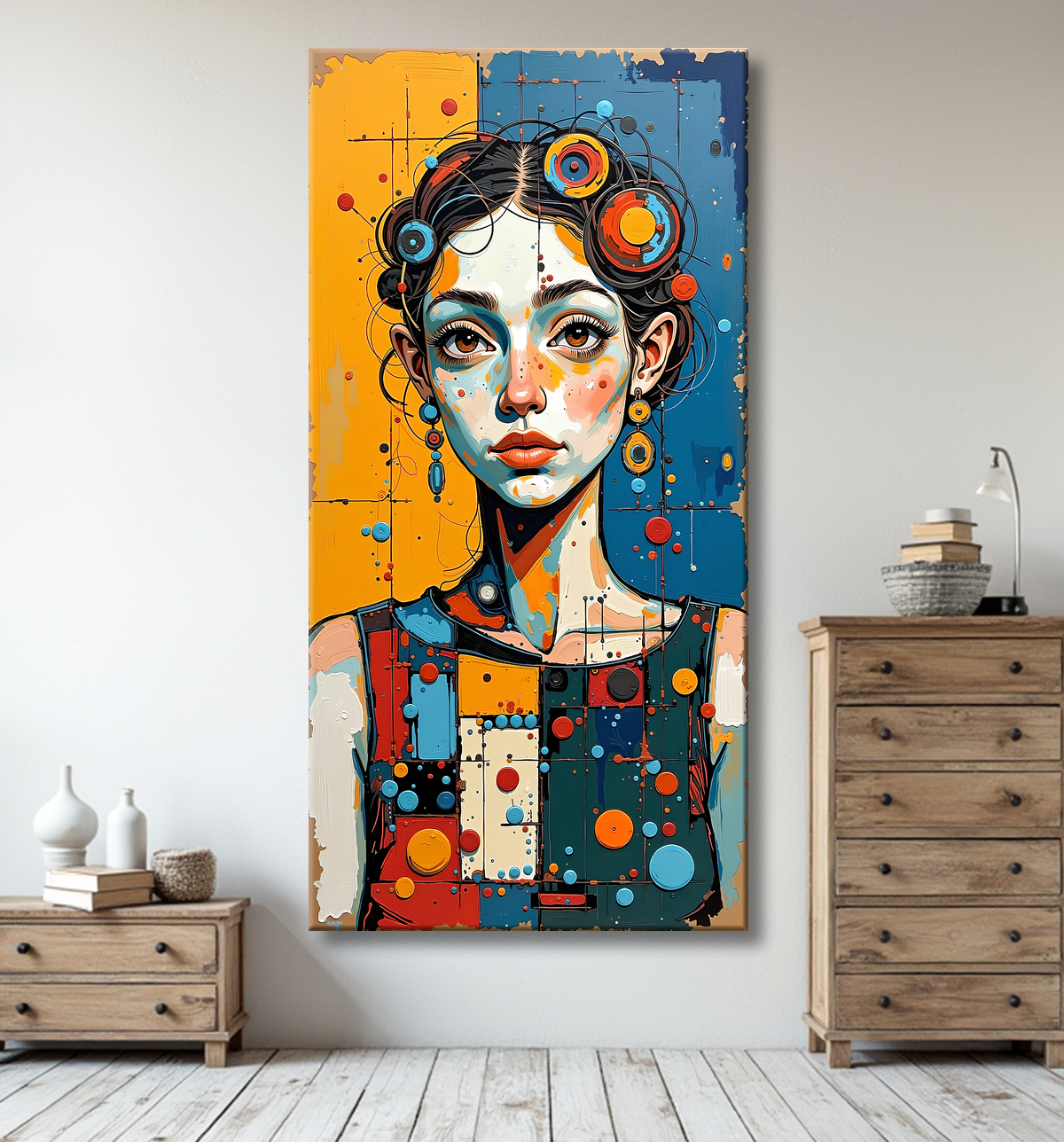 Tableau portrait stylisé très coloré, inspiré par l'art moderne et le cubisme, idéal pour une décoration originale et expressive. Fabriqué en France en tirage d'art.