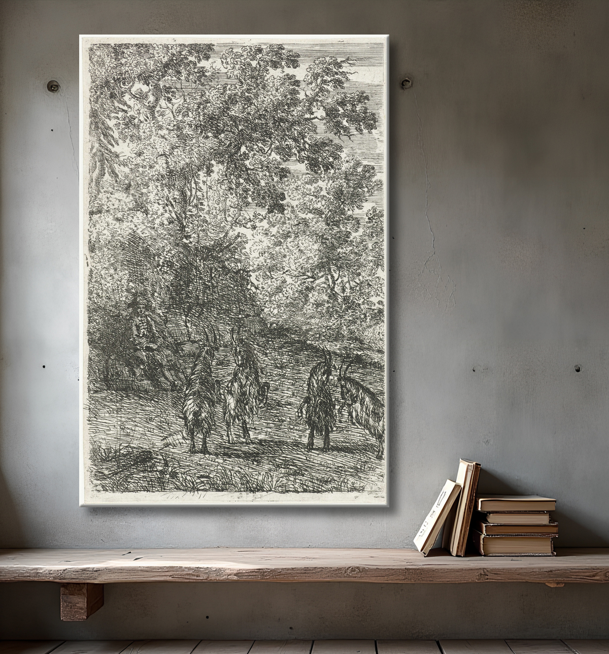 Impression sur toile haut de gamme en France ou poster encadré. Quatre chèvres. Un chevrier assis sur une pierre. Quatre chèvres se dressent les unes contre les autres...