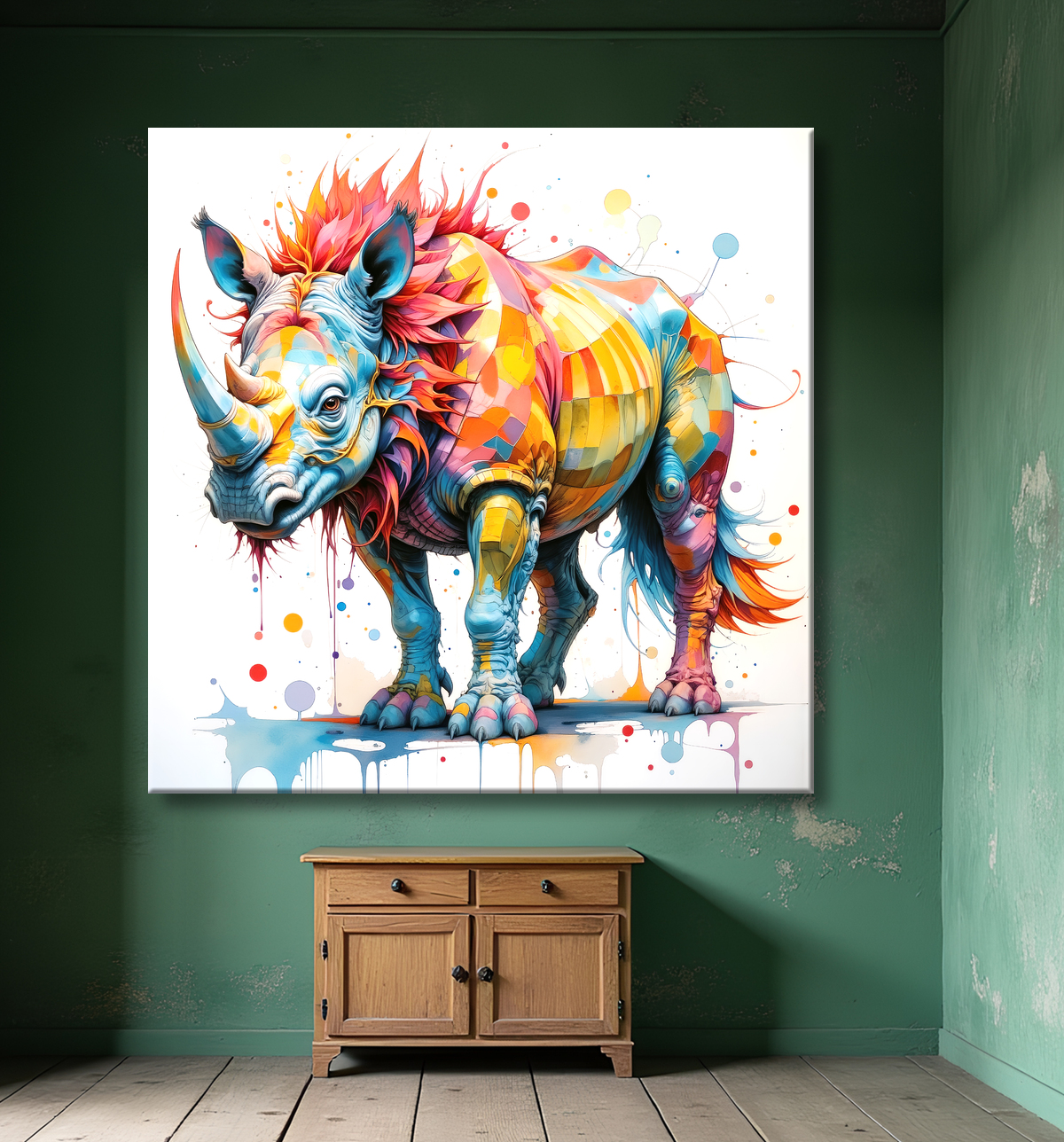 Tableau rhinocéros dans un style pop art coloré et stylisé, avec jets de peinture et interprétations graphiques fantastiques. Plusieurs déclinaisons disponibles.