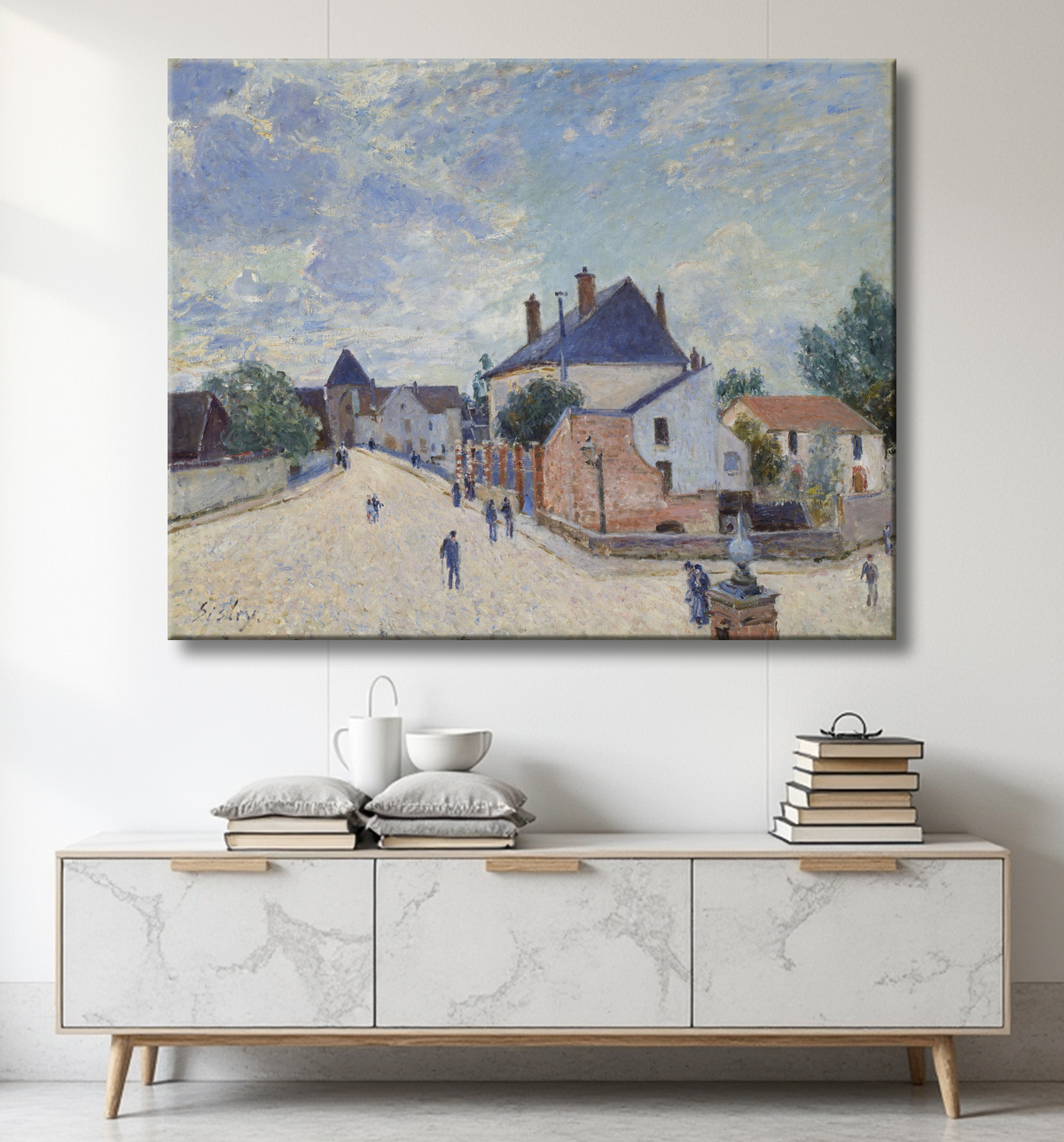 Poster fine art made in France haut de gamme ou toile imprimée. Rue à Moret. Moret-sur-Loing est l'un des lieux favoris du peintre franco-britannique Alfred Sisley...