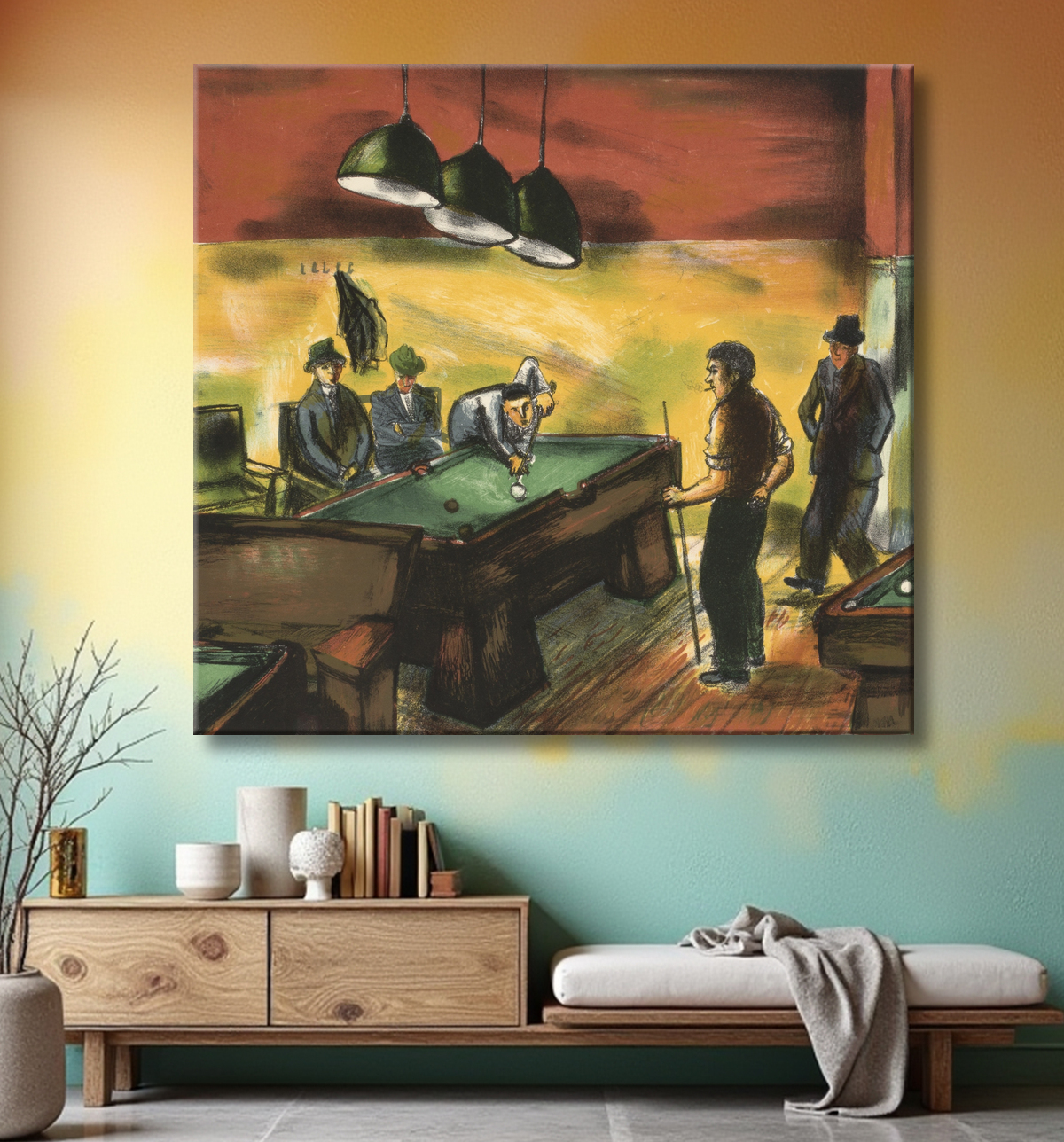 Hommes jouant au billard, estampe américaine en reproduction avec decor