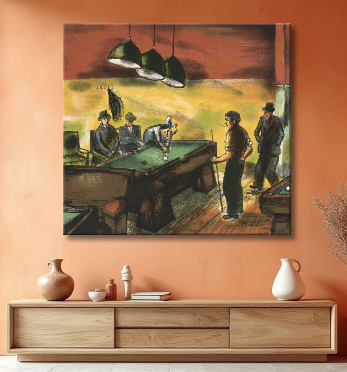 Hommes jouant au billard, estampe américaine en reproduction avec decor