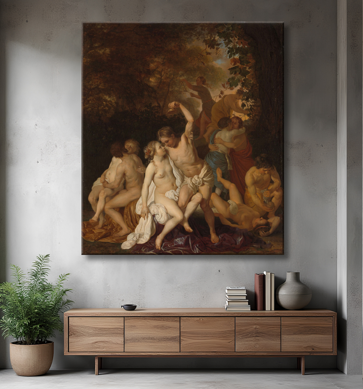 Impression haut de gamme sur toile ou affiche encadrée made in France. Scène avec Bacchantes. Bacchanale avec couples nus faisant l'amour dans les bois...