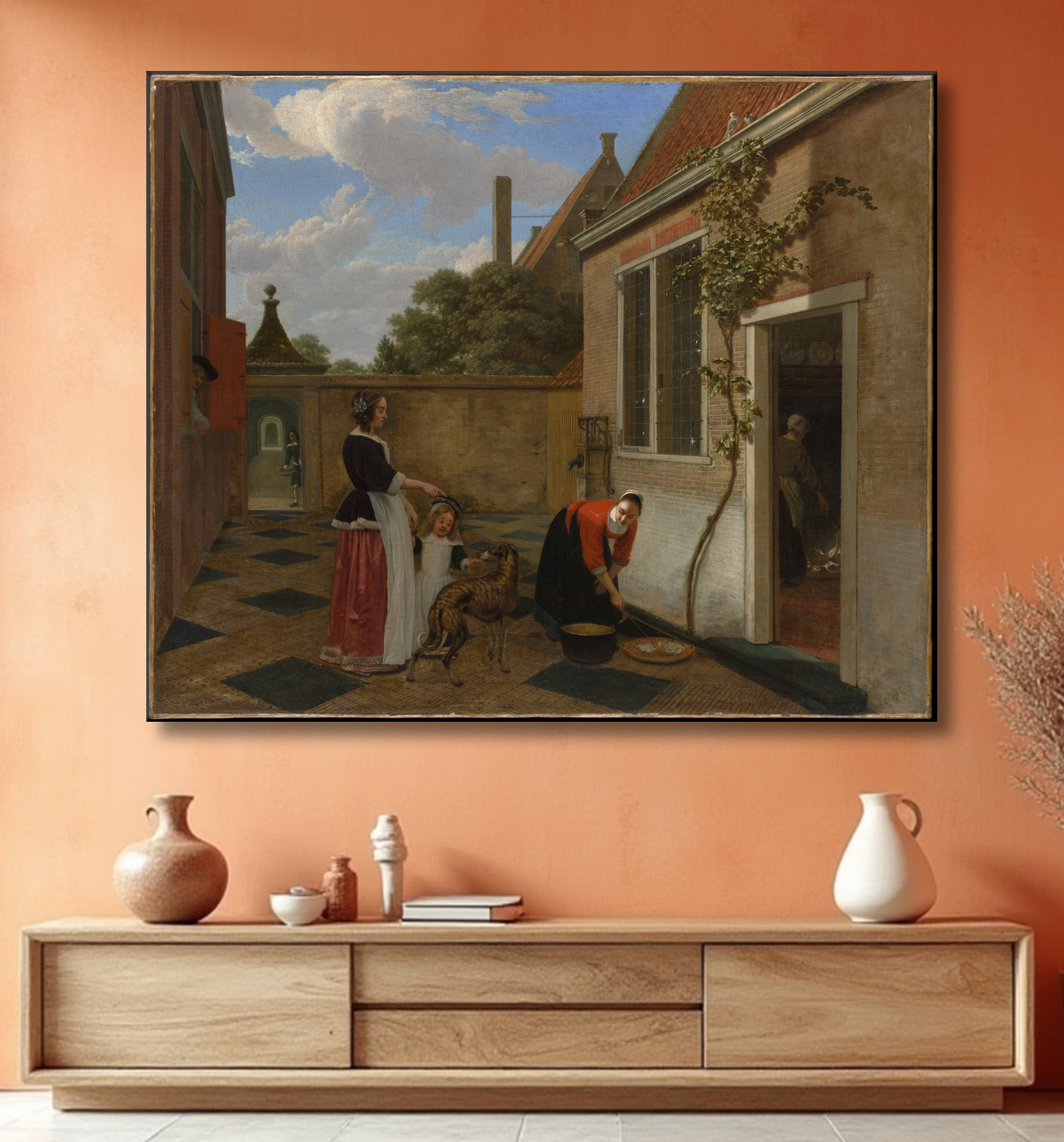 Ludolf de Jongh peint au début des années 1660 une cour pavée hollandaise, ses servantes et ses enfilades. Toile fine art, fabrication française.
