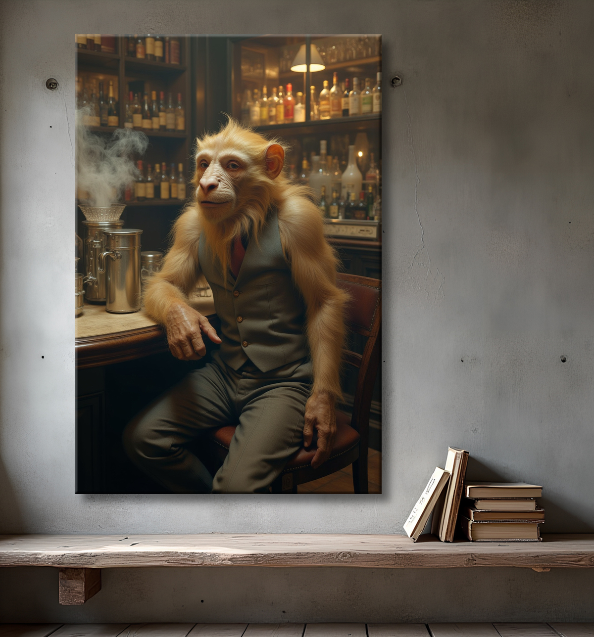 Tableau représentant un singe anthropomorphe habillé en serveur rétro. Une pièce originale parfaite pour créer une ambiance vintage dans votre établissement ou intérieur.