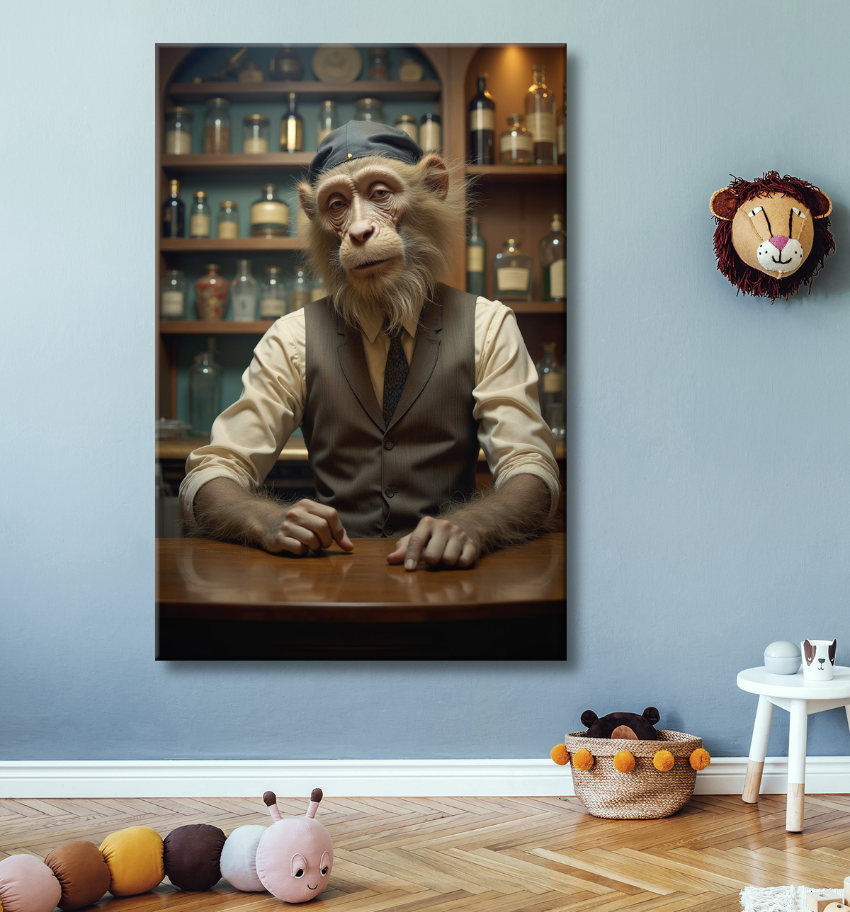 Tableau représentant un singe anthropomorphe habillé en serveur rétro. Une pièce originale parfaite pour créer une ambiance vintage dans votre établissement ou intérieur.