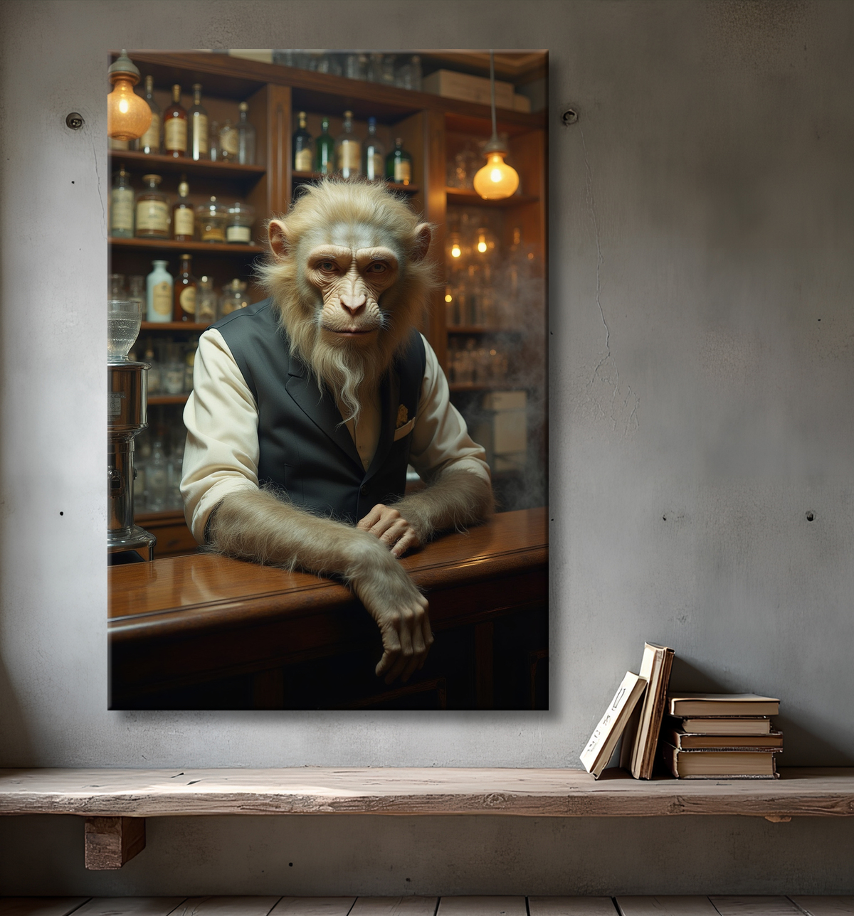 Tableau représentant un singe anthropomorphe habillé en serveur rétro. Une pièce originale parfaite pour créer une ambiance vintage dans votre établissement ou intérieur.