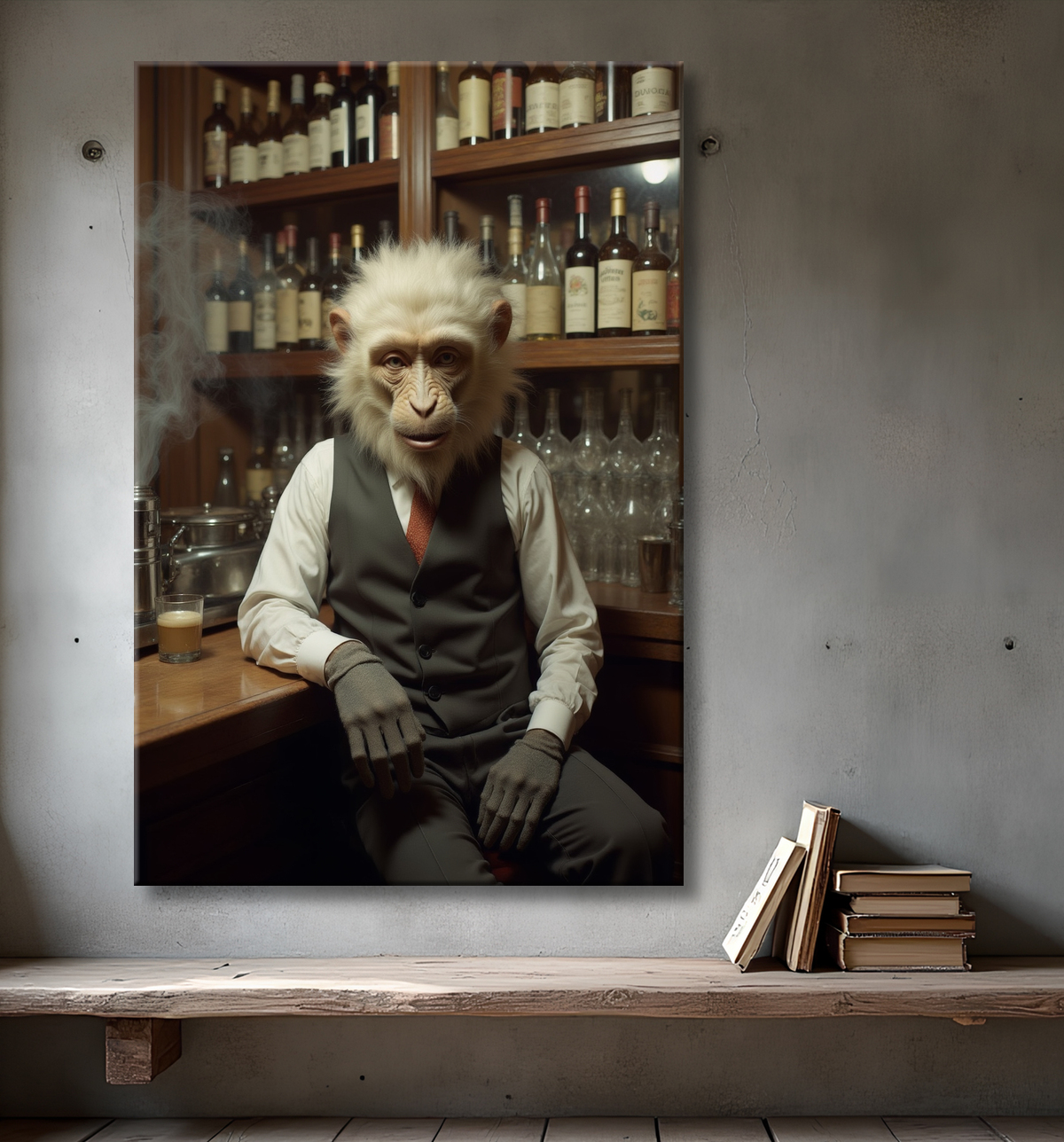 Tableau représentant un singe anthropomorphe habillé en serveur rétro. Une pièce originale parfaite pour créer une ambiance vintage dans votre établissement ou intérieur.