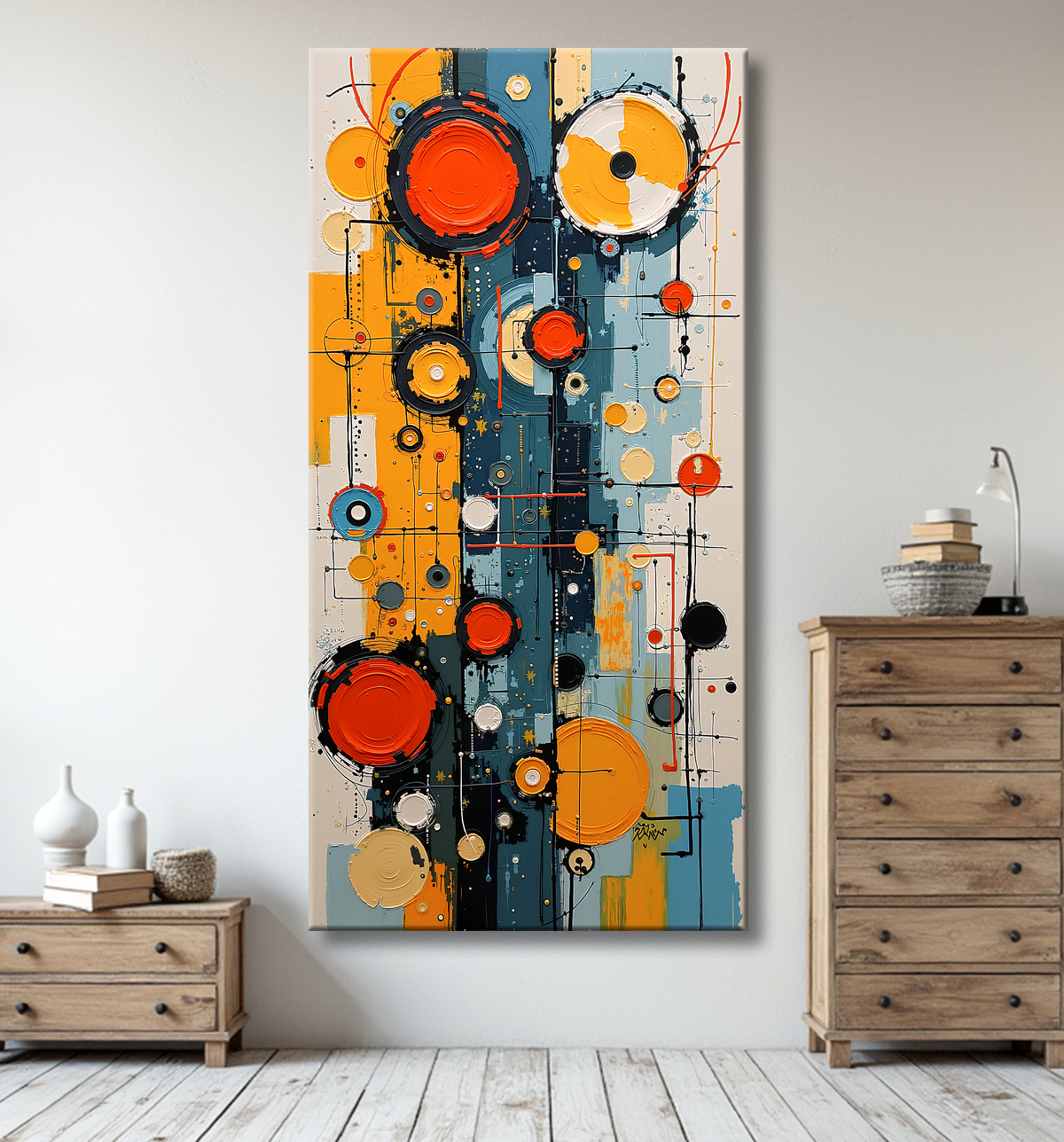 Tableau abstrait très coloré et moderne, aux influences artistiques variées, idéal pour une décoration singulière. Réalisé en France en qualité tirage d'art.